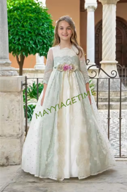 Tulle Embroidered with Moles and Aquamarine Green Communion Dress Floral Details in the Middle Ribbon Tulle Belt