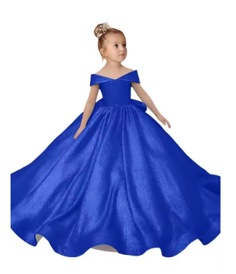 Off Shoulder Long Flower Girl Dresses Elegant Bow Princess Satin Ball Gown for Kids Birthday Party First Communion Dress