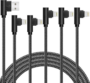 iPhone Cable 5 Pack(3/3/6/6/10FT) MFI Certified Cable Lightning Fast Charger Nylon Braided Data Cord 90 Degree Elbow for Game Video Compatible with iPhone 12 11 Pro Max XR XS Max iPod (Black)