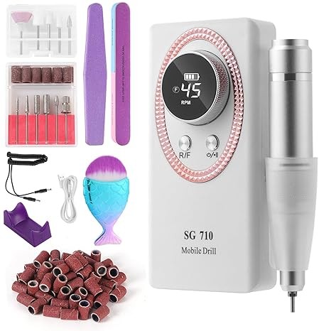 Nail Drill Machine Electric 45000RPM Rechargeable Portable Nail Drill Kit DIY Nail File Electric with Smart LCD Screen for Gel Nail Manicure and Pedicure Reflective Body etc(White)