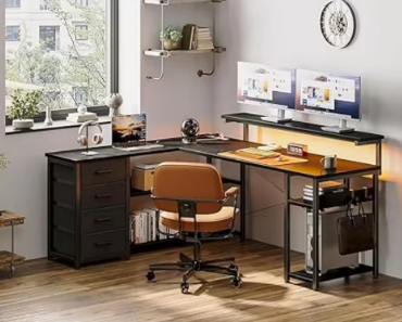 53" L Shaped Desk with Drawer, with Power Outlets & LED Lights, Reversible Corner Gaming Desk for Home Office Workstation