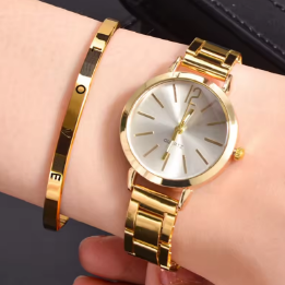 2pcs Set Watch Luxury Women Simple Dial Hollow Strap Fashion Gold Bracelet Quartz Wristwatch Student Ladies Watches Reloj Mujer