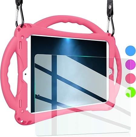 TopEsct Silicone Case for iPad Air 2/Pro 9.7, Pink Shockproof Handle Stand Cover & Tempered Glass Screen Protector, Kid Friendly, Child Proof Protection