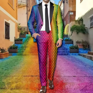 Rainbow Color Printed Men Suit 2 Piece Set Long Sleeve Blazer Coat And Pants Suit Button Jackets Holiday Party Wear Pant Suit