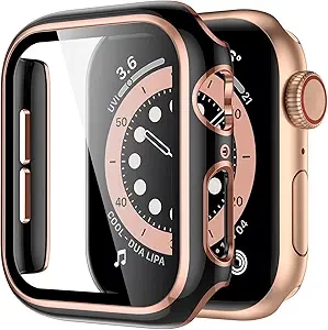 [2023 New] YIUYIUPI Waterproof Case Compatible with Apple Watch Series 7 & Series 8 with Tempered Glass Screen Protector, [Anti-Scratch] Shockproof Soft Bumper Protective Cover (45mm, BlackRoseglod)