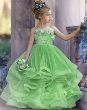 Customized Flower Girl Dresses Dusty Blue For Wedding Lace Floral Appliques Tiered Skirts Girls Pageant Dress Kids Birthday Gown