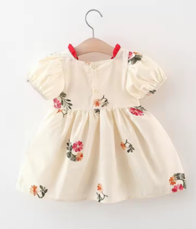 Summer New Girl's Dress Cute Bubble Sleeves Embroidered Cotton Skirt Comfortable Children's Clothing Suitable for 0-3 Years Old